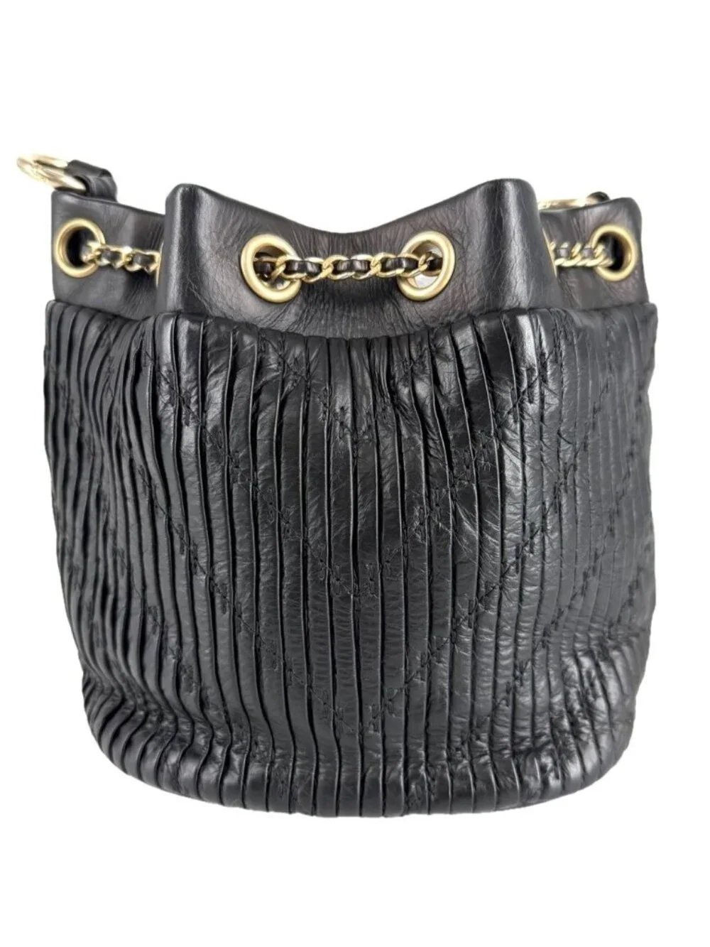 Chanel Shoulder Bag CC Logo Coco Pleated Stitch Bag Leather Black Gold Vintage
